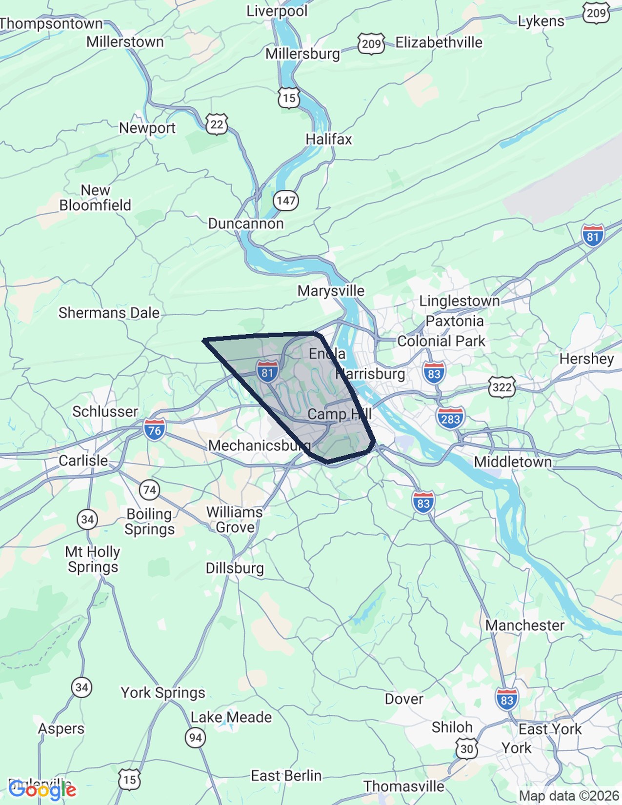 Map of the Camp Hill and Enola delivery routes