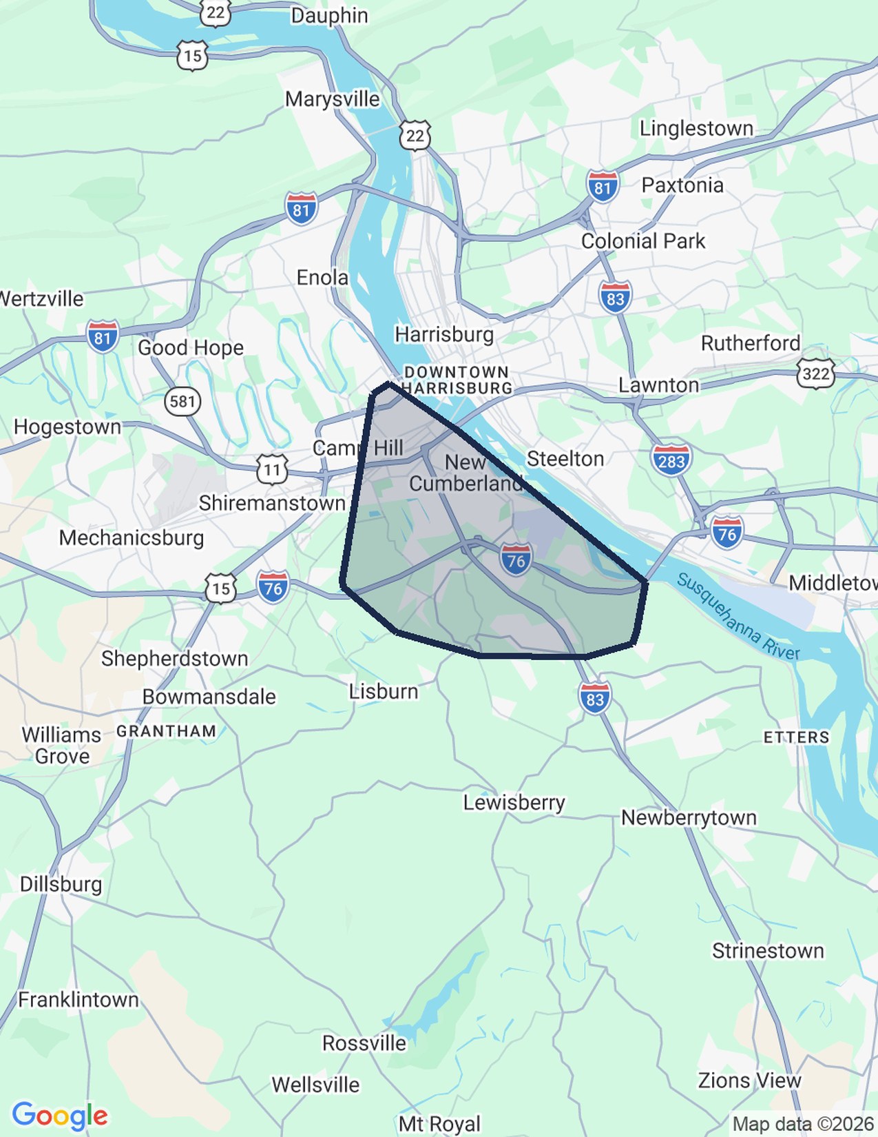 Map of the Lemoyne and New Cumberland delivery routes