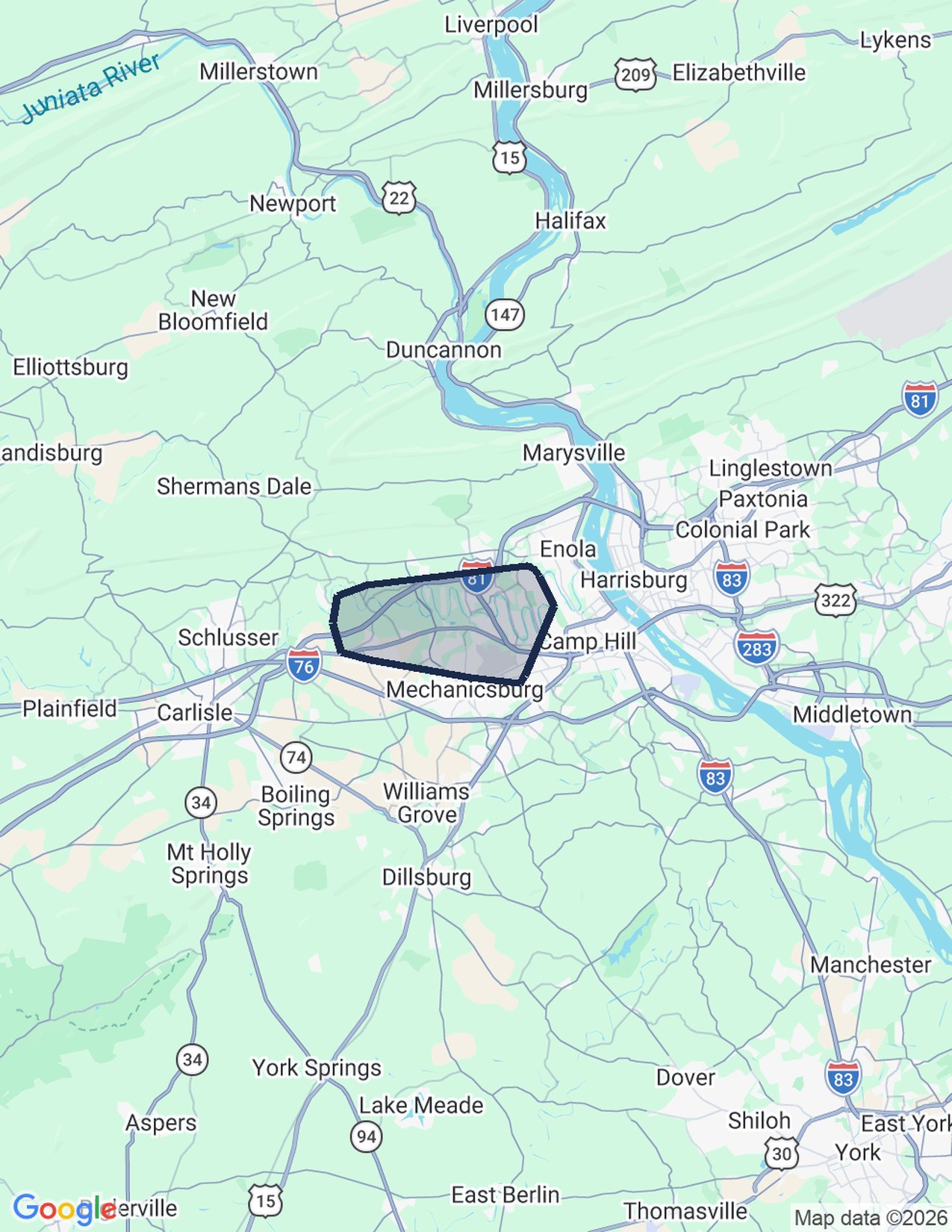 Map of the Mechanicsburg North delivery routes