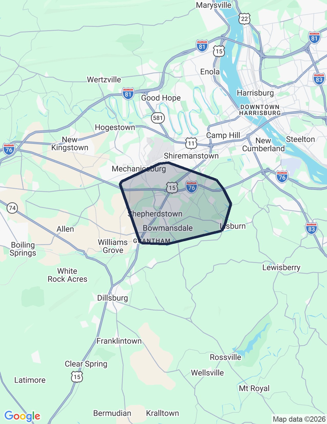 Map of the Mechanicsburg South delivery routes